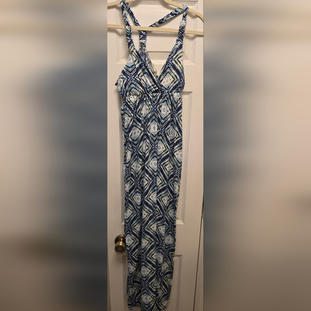 Pink Rose Geometric Blue and White Maxi Dress